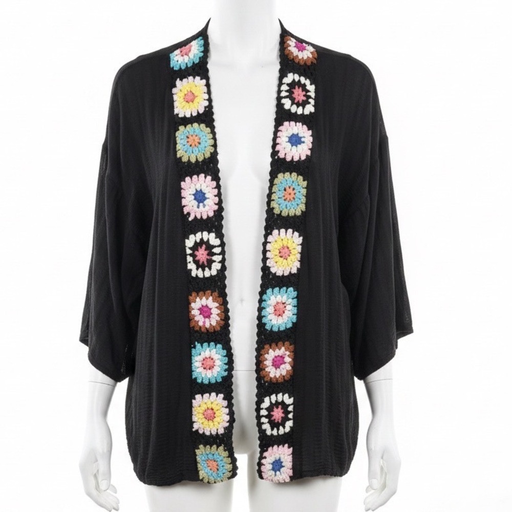 Calista Kimono Cardigan Women Medium Black Crochet Granny Square Casual Bohemian